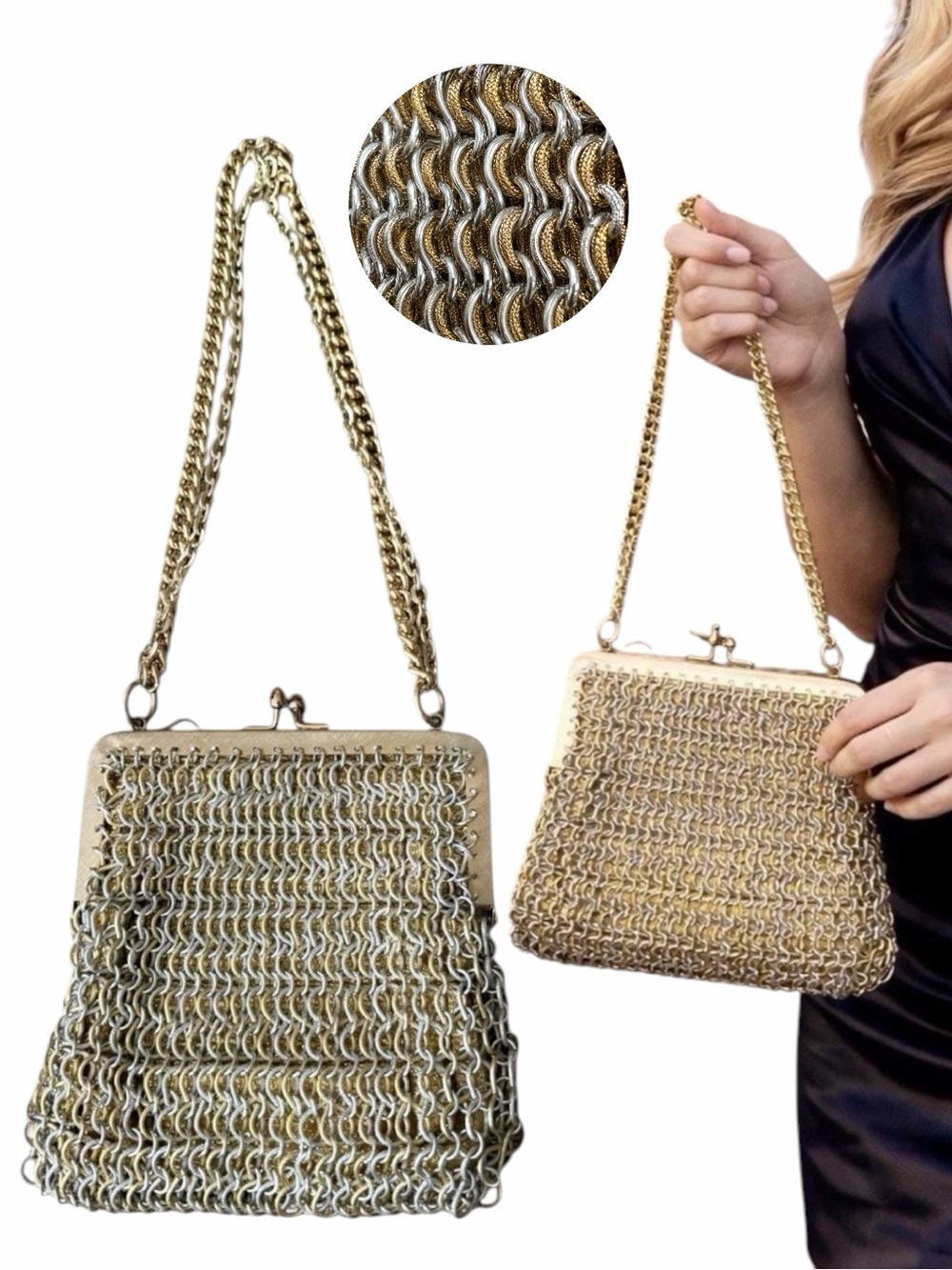 Vintage Magid Japan Two Tone Metal Mesh Evening Bag Gold Silver Kiss Lock Clutch